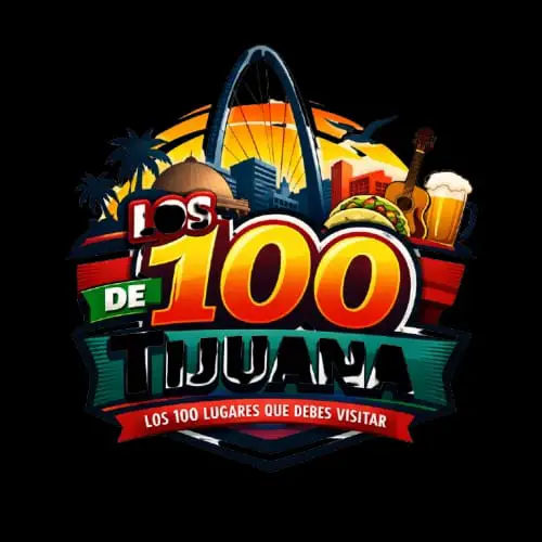 Logotipo vibrante de Los 100 de Tijuana con el Arco de Tijuana, tacos, guitarra, cerveza y palmeras, simbolizando los 100 lugares imperdibles de la ciudad.